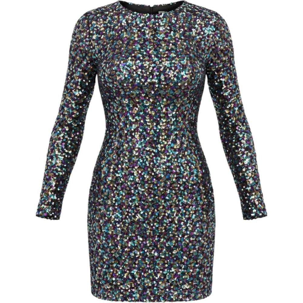 FORE Sequin Mini Dress Womens L Multicolor Open Back Long‎ Sleeve Party Cocktail
